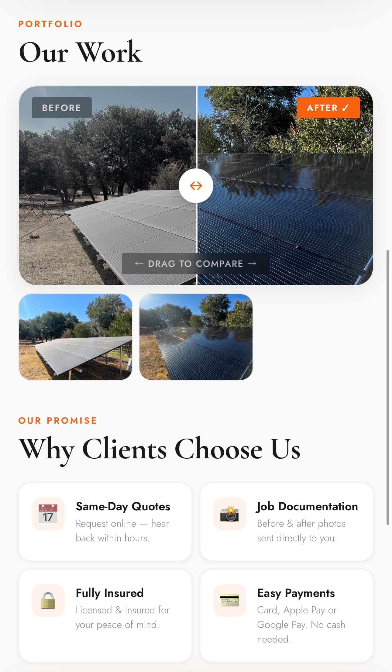 Opervo folio page example with before and after photos and reviews