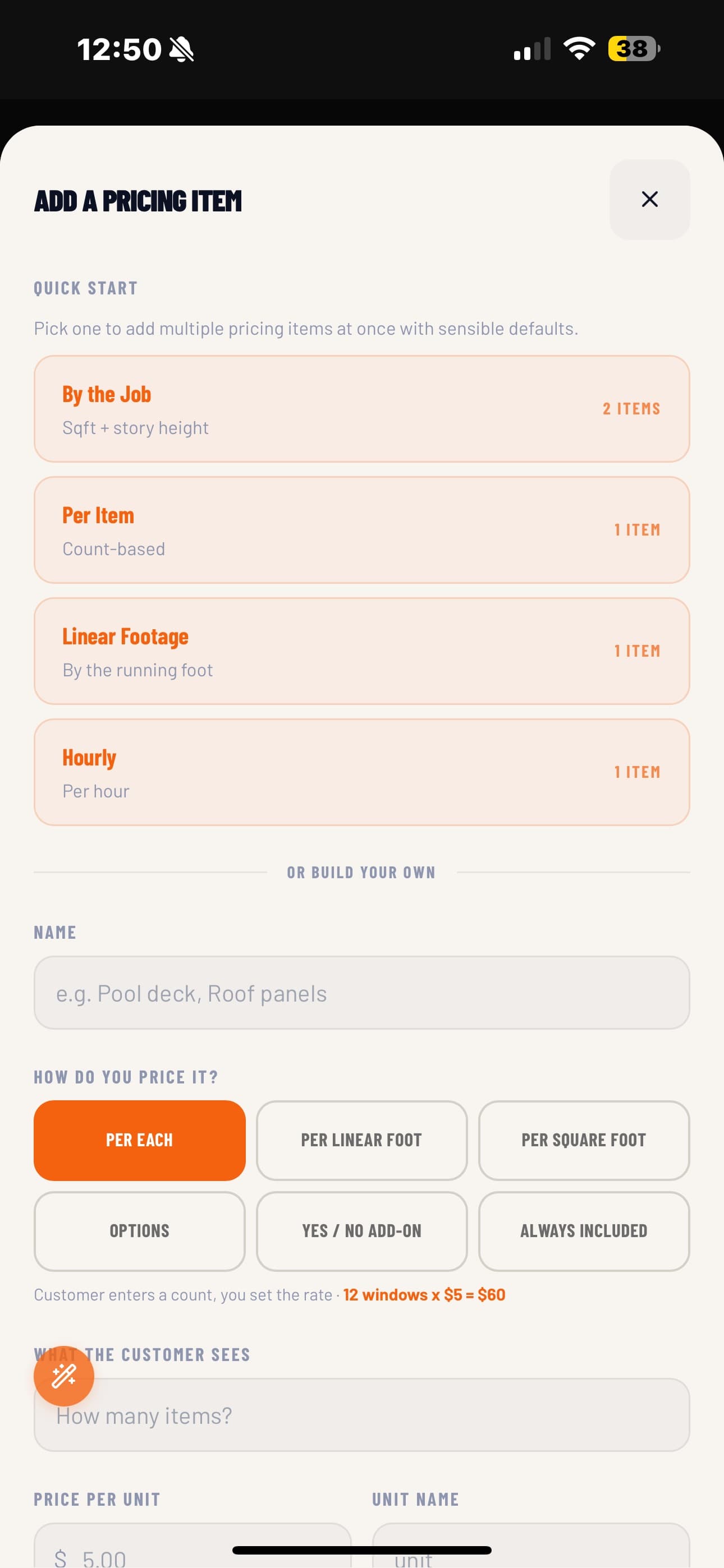 Opervo screen for adding a pricing item: per each, per linear foot, per square foot or hourly